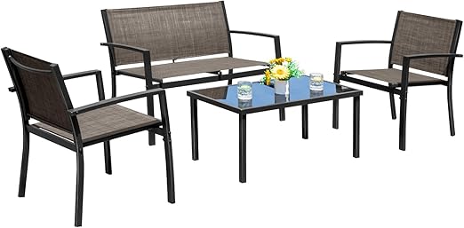 4-Piece Outdoor Patio Furniture Set with Chairs & Glass Coffee Table