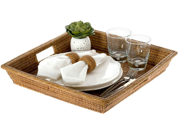 Rattan Square Serving Tray with Handles