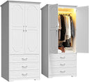 Wooden Wardrobe Closet with 3 Drawers, LED Light & Hanging Rod
