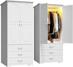 Wooden Wardrobe Closet with 3 Drawers, LED Light & Hanging Rod