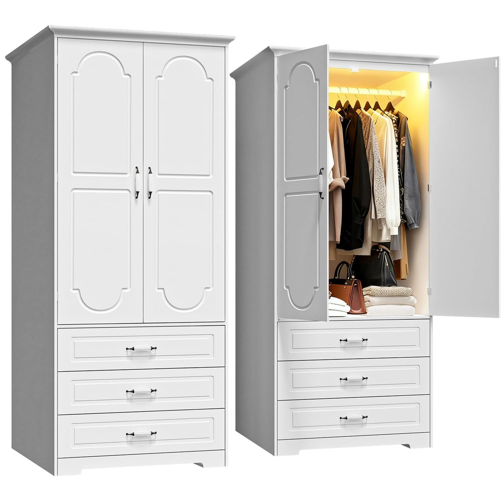 Armoire Wardrobe Closet with Drawers, LED Light & Hanging Rod