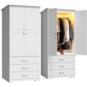 Armoire Wardrobe Closet with Drawers, LED Light & Hanging Rod
