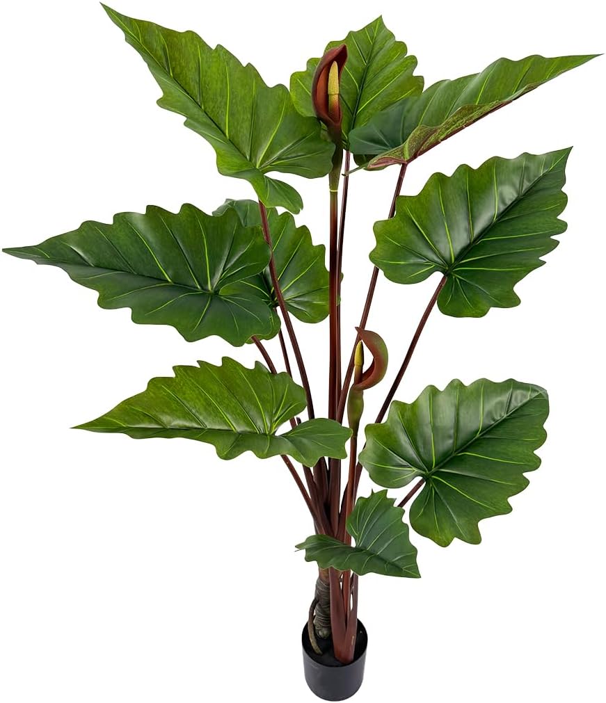 55in Tall Artificial Elephant Ear Plant – 9 Large Faux Tropical Leaves, Indoor Outdoor Decor