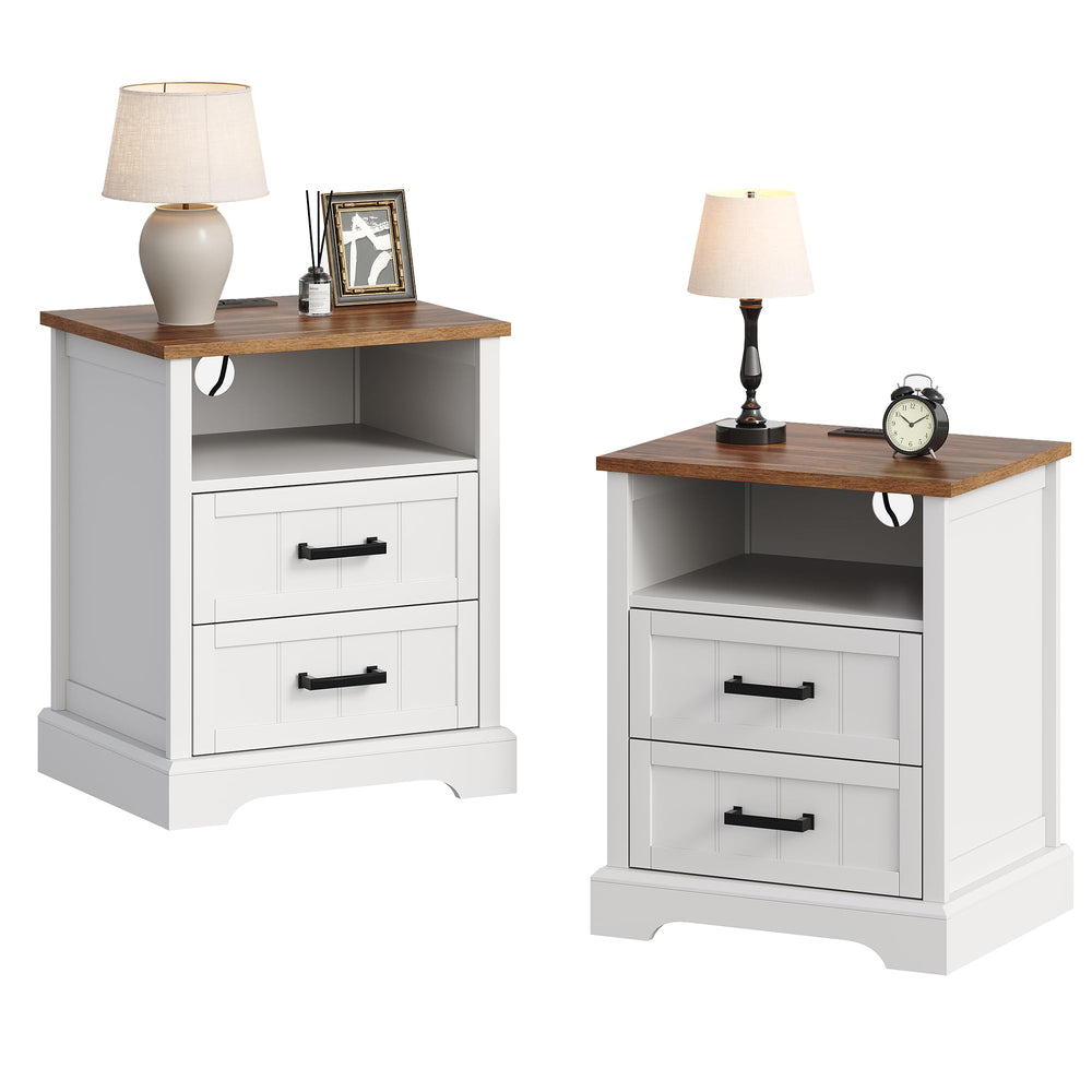 Farmhouse Nightstand Set of 2 with Charging Station & 2 Drawers