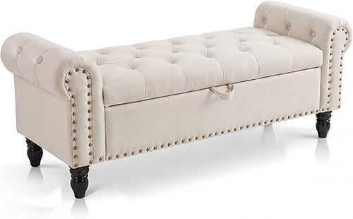 51" Upholstered Storage Bench | Button Tufted End of Bed Ottoman with Safety Hinge