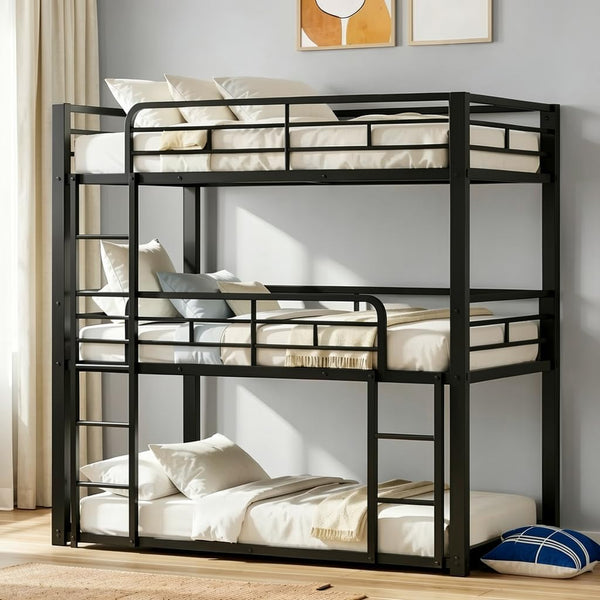 Metal Triple Bunk Bed with Guardrails & Ladder — Twin, Twin XL & Queen Options