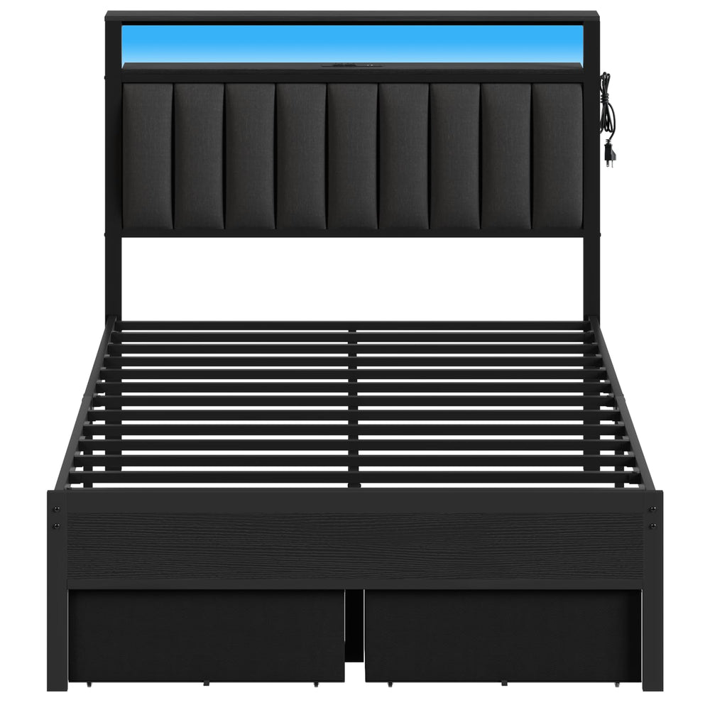 Platform Bed Frame with LED Lights, Charging Station & Storage Drawers