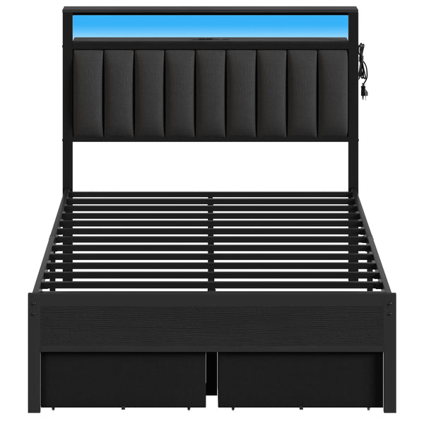 Platform Bed Frame with LED Lights, Charging Station & Storage Drawers