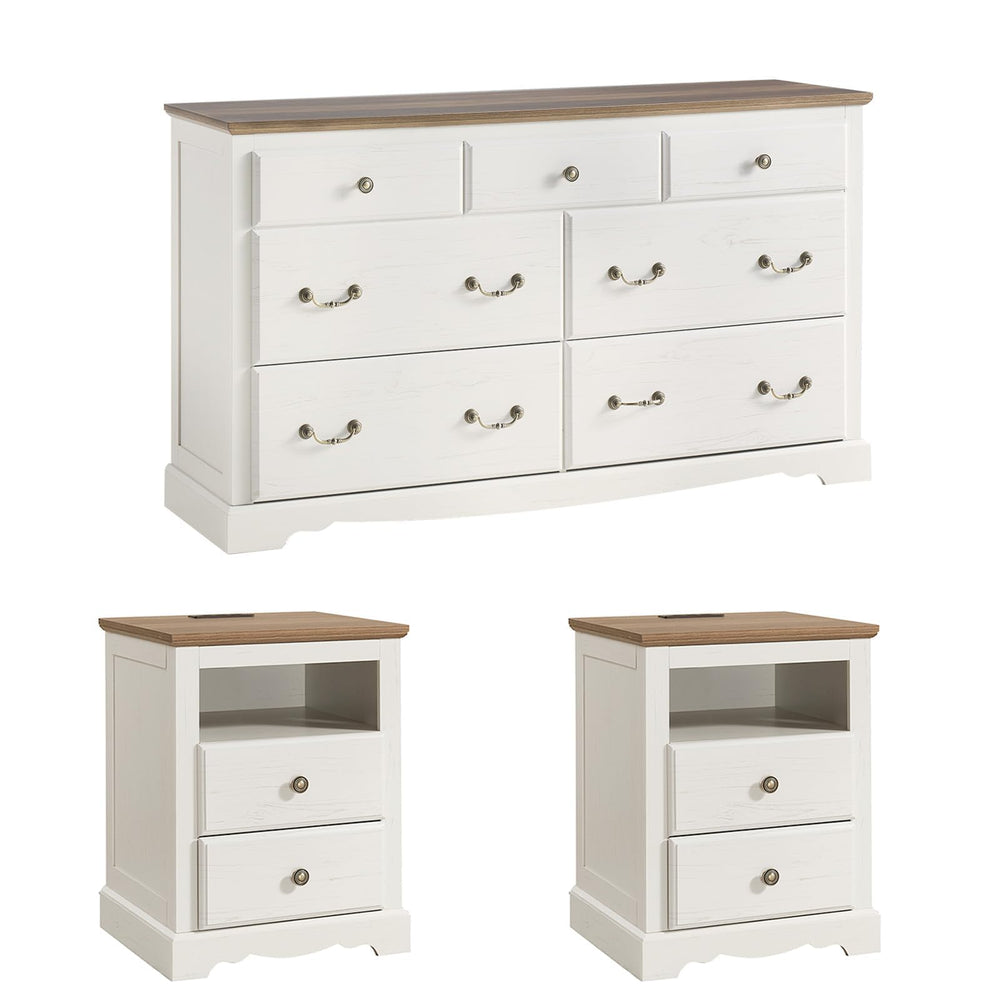 Farmhouse 3-Piece Bedroom Set – 7-Drawer Dresser & 2 Nightstands with Charging Station