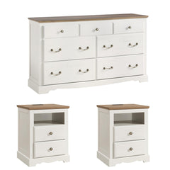 Farmhouse 3-Piece Bedroom Set – 7-Drawer Dresser & 2 Nightstands with Charging Station