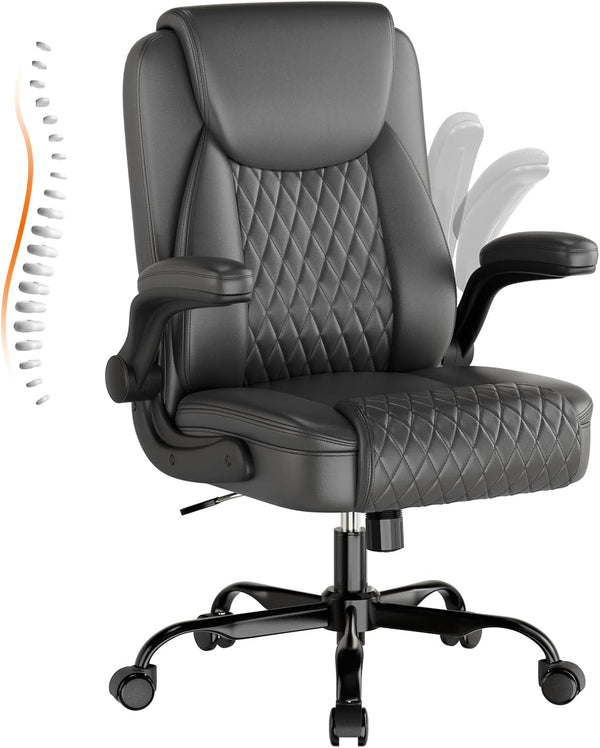Ergonomic Leather Office Chair with Flip-Up Arms & Lumbar Support