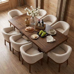 Linen Upholstered Dining Chairs with Solid Wood Legs & Curved Backrest