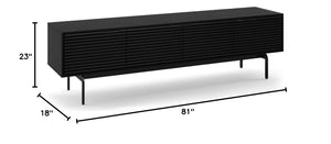 Low Profile TV Stand with Louvered Doors & Soundbar Shelf – Fits TVs up to 85"