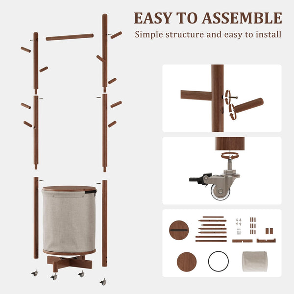Freestanding Wood Coat Rack with Hooks, Wheels & Fabric Basket