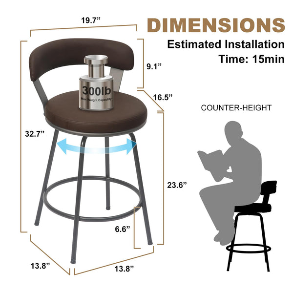 Swivel Counter Height Bar Stools Set of 2 with Back