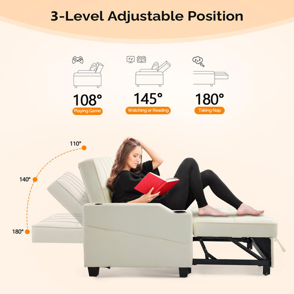 Convertible Futon Sofa Bed with USB Ports & Cup Holders
