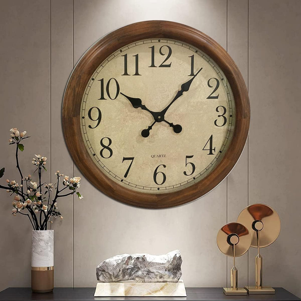 24-Inch Wood Silent Wall Clock – Large Decorative Non-Ticking Battery Operated