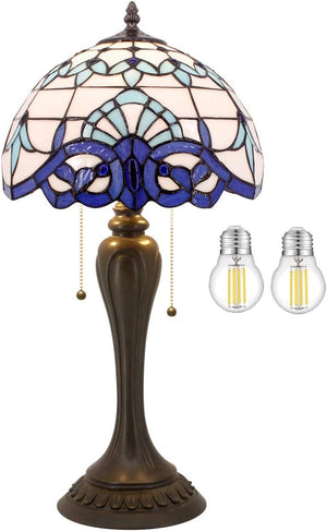 Tiffany Style Stained Glass Table Lamp – White Navy Blue Baroque