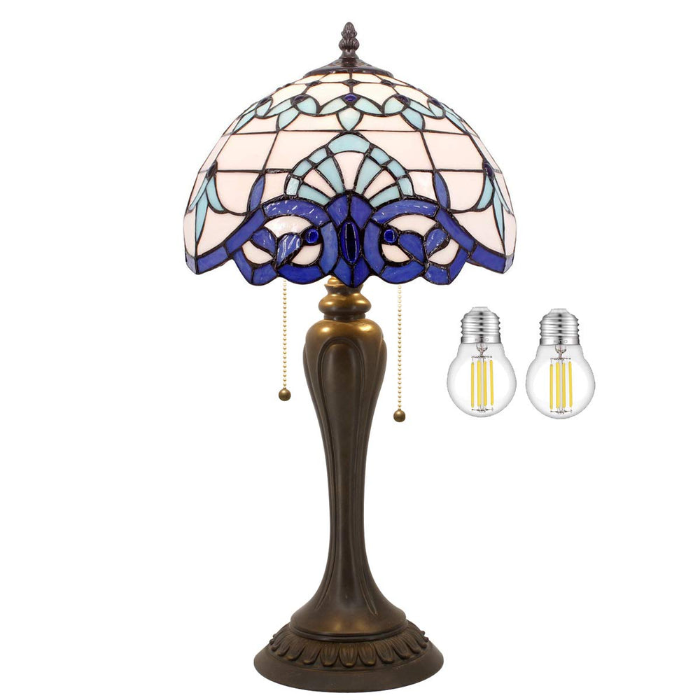 Tiffany Style Stained Glass Table Lamp – White Navy Blue Baroque