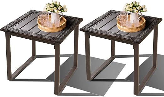 Square Wicker Outdoor Side Table Set of 2 – Rattan Patio End Tables