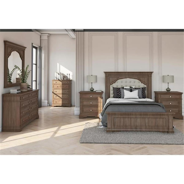 King Panel Bed – Upholstered Headboard, Distressed Driftwood Finish