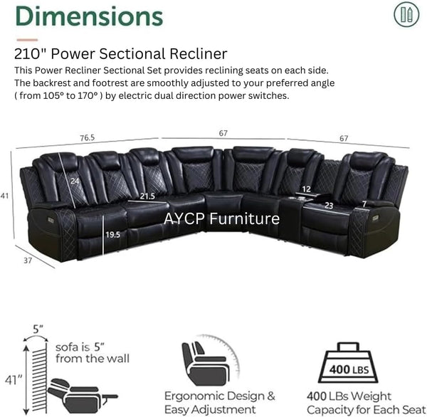 Power Recliner Sectional Sofa with LED Light & Storage Console