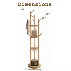 Freestanding Rotating Wood Coat Rack with Shelves and Hooks