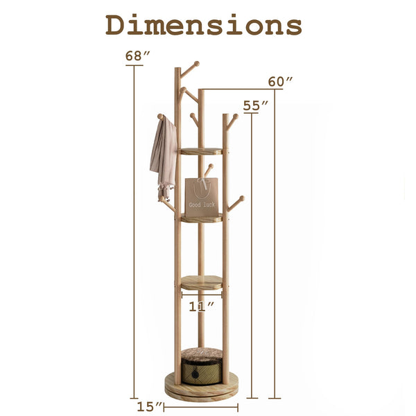 Freestanding Rotating Wood Coat Rack with Shelves and Hooks