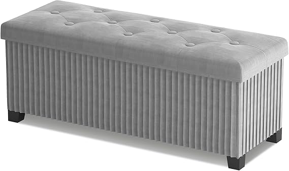 LITZFUR Storage Ottoman Bench, 43 Inch Foldable Ottoman with Legs, Velvet Foot Rest Stool, End of Bed Bench, Storage Chest for Living Room, Bedroom (Beige)