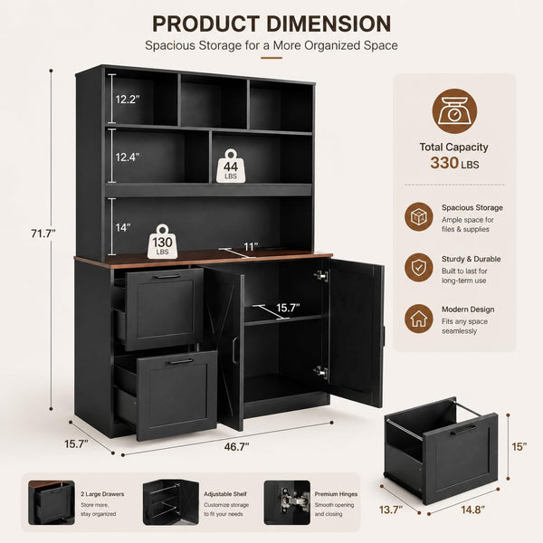 72" Tall Bookshelf with Power Outlet & File Cabinet