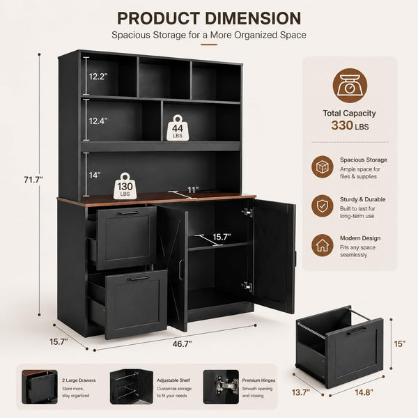 72" Tall Bookshelf with Power Outlet & File Cabinet