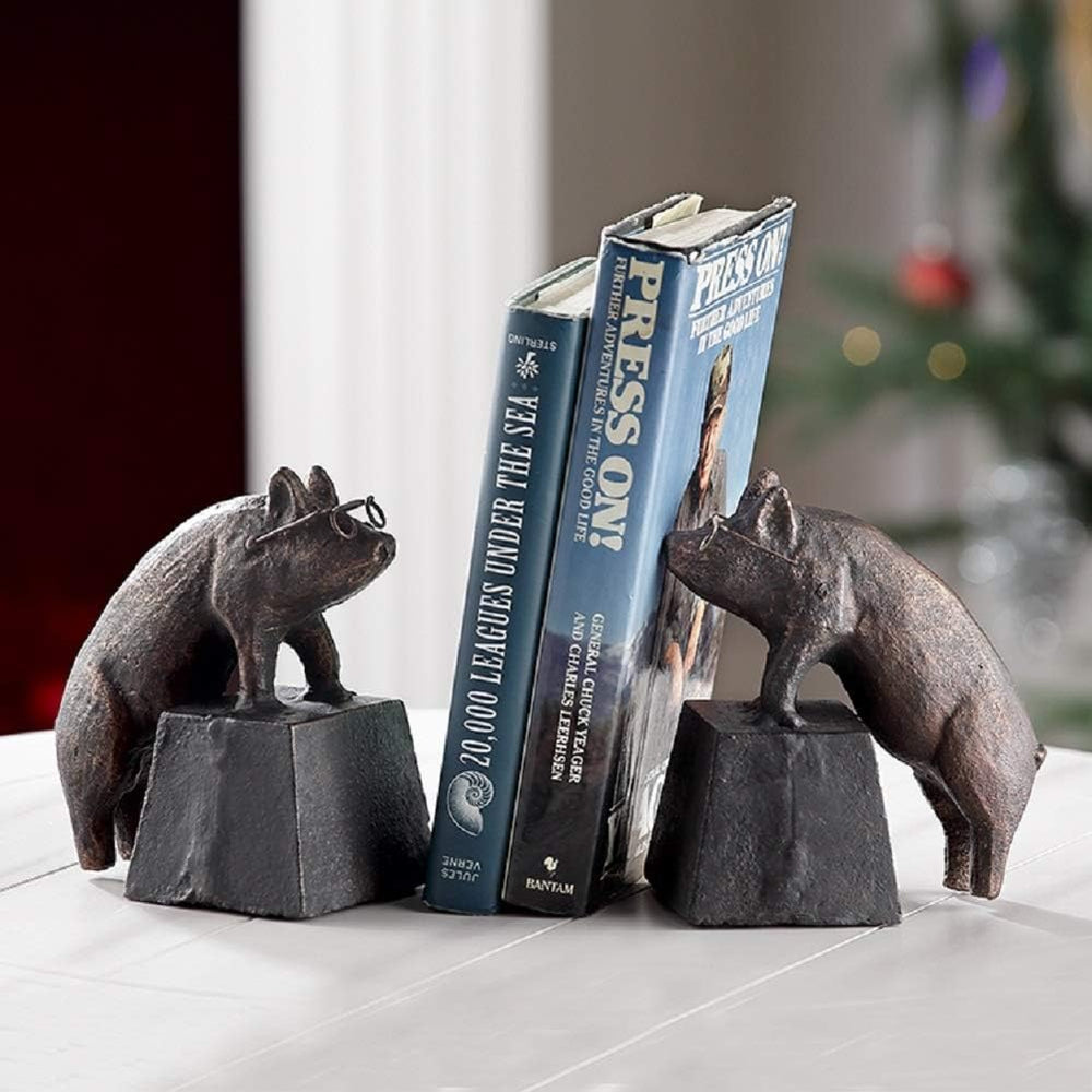 Cast Iron Pig Bookends with Glasses – Set of 2
