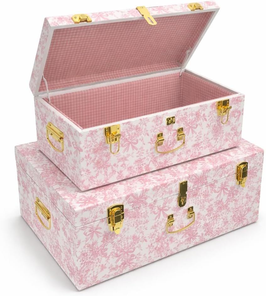 Pink Floral Metal Storage Trunk Set of 2