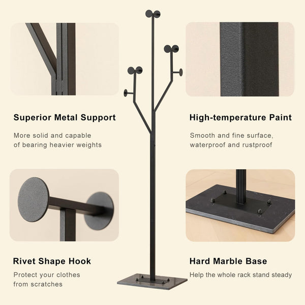 Tree-Shaped Coat Rack with Marble Base – 8 Hooks, 68.9" Tall