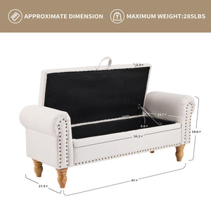 Upholstered Storage Bench with Rolled Arms & Nailhead Trim