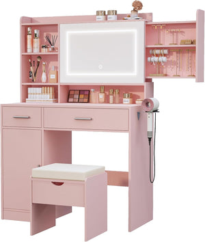LED Vanity Desk with Mirror, Lights & Storage