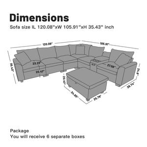 120" L-Shaped Modular Sectional Sofa with Storage & USB Ports