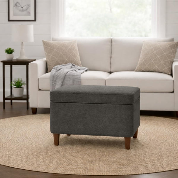 Grey Storage Ottoman with Hinged Lid & Wood Legs