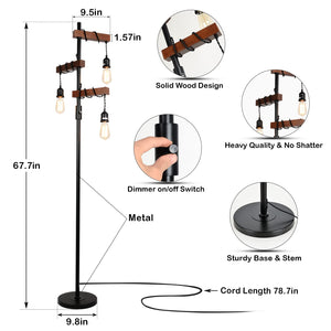 Wood Floor Lamp with Dimmable 3-Head Design