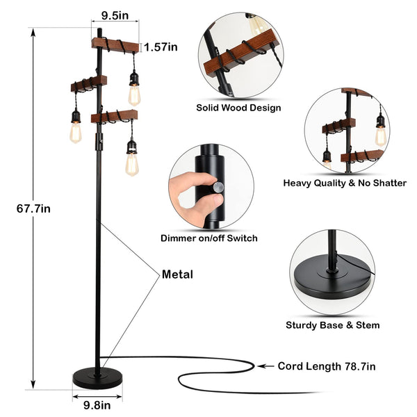 Wood Floor Lamp with Dimmable 3-Head Design