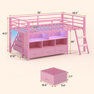 Twin Low Loft Bed with Storage Drawers, Bookshelf & LED Lights
