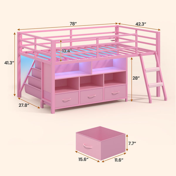 Twin Low Loft Bed with Storage Drawers, Bookshelf & LED Lights