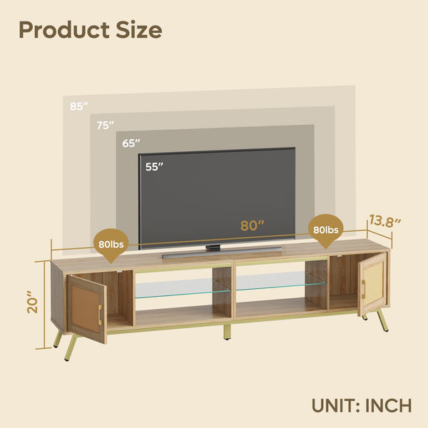 80-Inch Rattan TV Stand with LED Lights & Storage