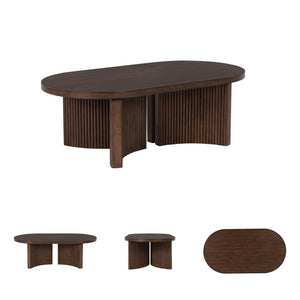 Mid-Century Modern Coffee Table with Reeded Double Pedestal Base | Dark Brown