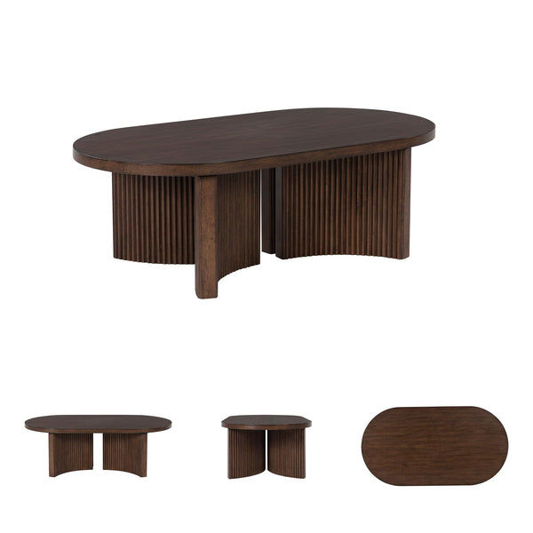 Mid-Century Modern Coffee Table with Reeded Double Pedestal Base | Dark Brown