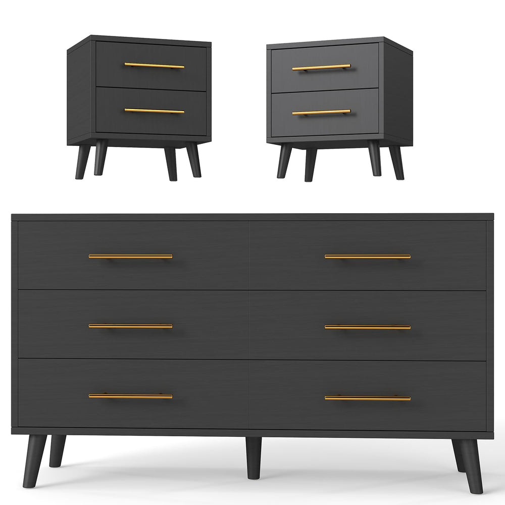 6-Drawer Dresser & 2-Drawer Nightstands Set – 3-Piece Bedroom Set, Black