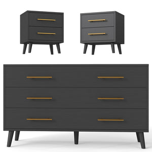 6-Drawer Dresser & 2-Drawer Nightstands Set – 3-Piece Bedroom Set, Black