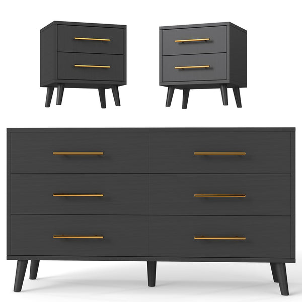 6-Drawer Dresser & 2-Drawer Nightstands Set – 3-Piece Bedroom Set, Black