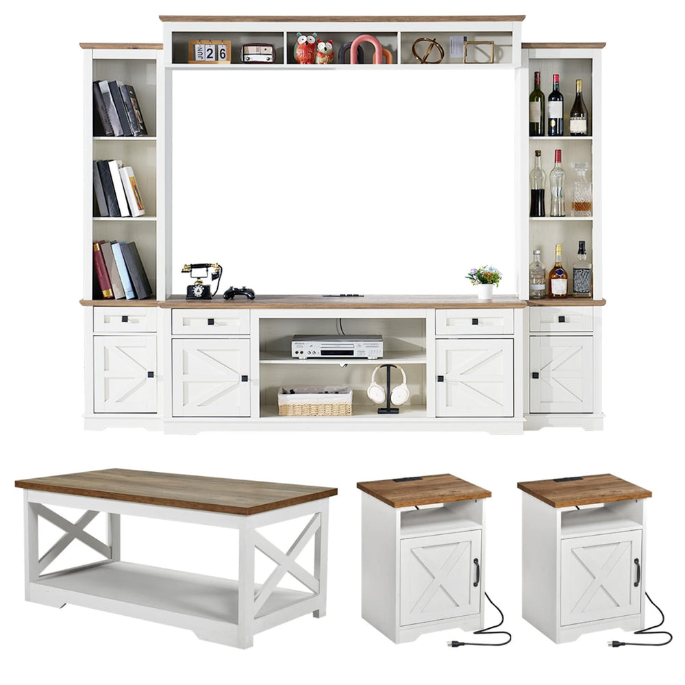 4-Piece Farmhouse Living Room Set – 98" TV Stand, Coffee Table & 2 End Tables