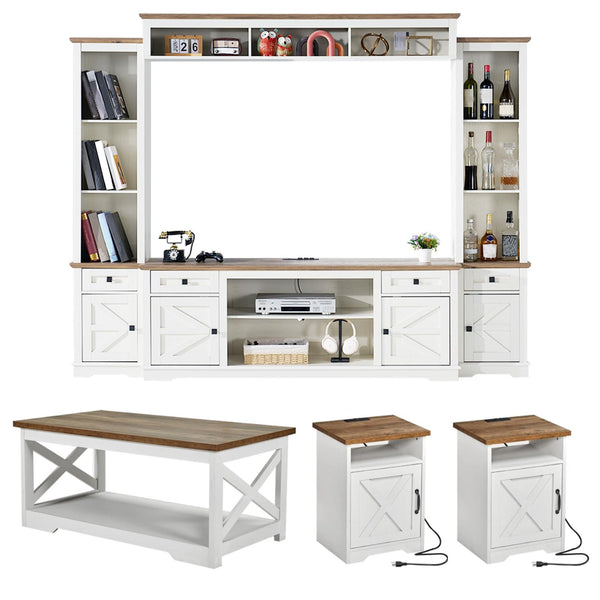 4-Piece Farmhouse Living Room Set – 98" TV Stand, Coffee Table & 2 End Tables